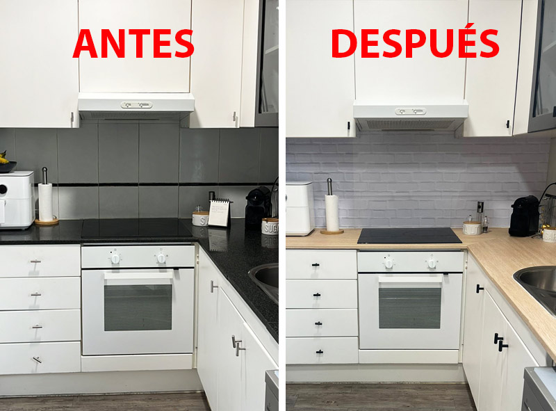 ejemplo antes y después de instalación de vinilo en cocina